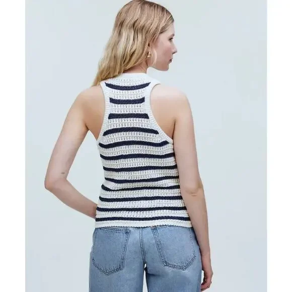 Madewell Crochet-Knit Crewneck Sweater Tank In Bright Ivory Navy Size Small - Picture 2 of 6